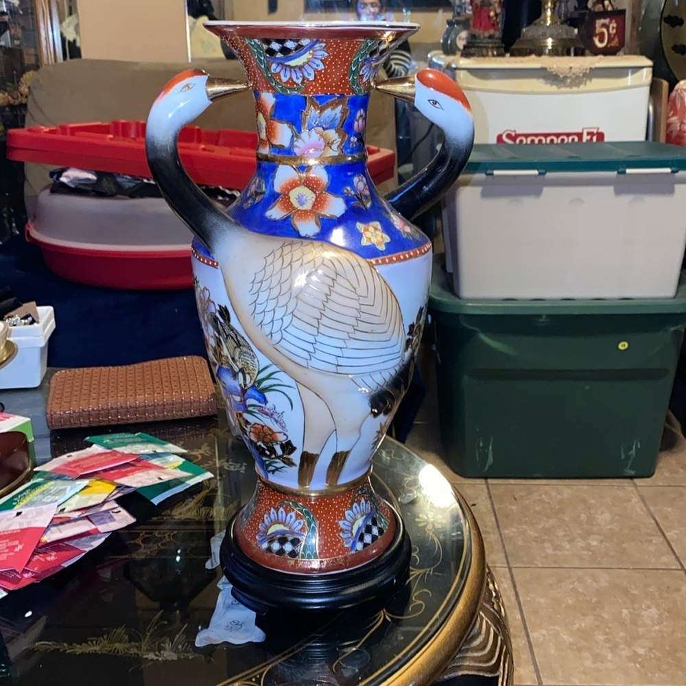 Antique rare unique Japanese Crane Relief Hand Painted Vase, 37 cm
